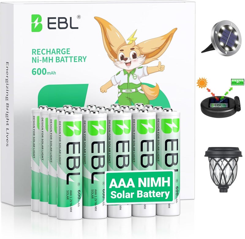 EBL Rechargeable AAA Batteries AAA Solar Battery for Outdoor Solar Lights Garden Light Replacement 1.2V 600mAh Battery AAA Size - 20 Packs - Image 1
